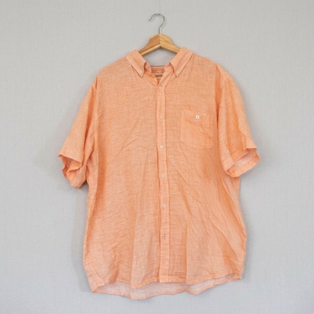 Weatherproof Vintage Mens XL Orange Striped Washable Linen Short Sleeve Shirt